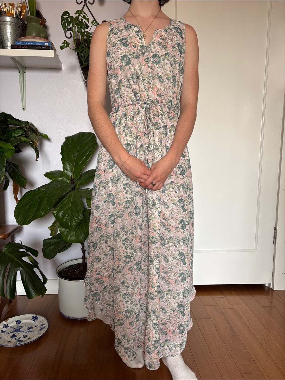 LC Lauren Conrad Pink and Green Floral Sleeveless Maxi Dress